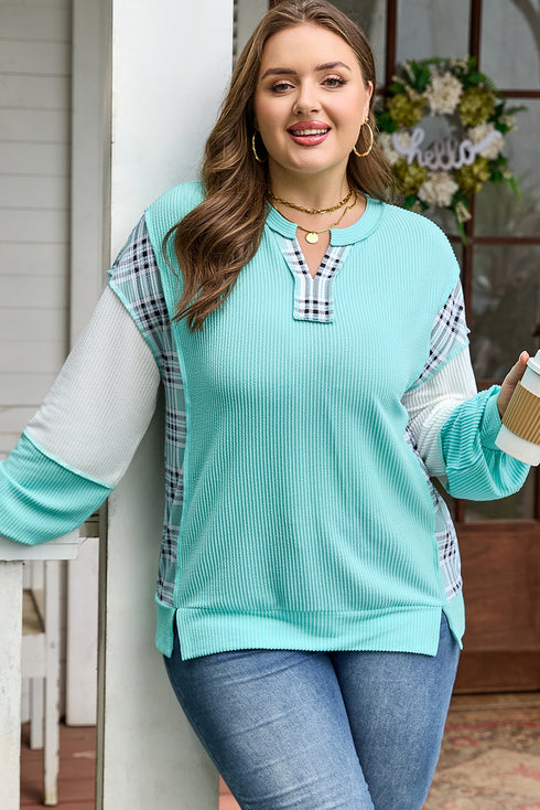 Corded Plaid Patchwork Twist Front Long Sleeve Top