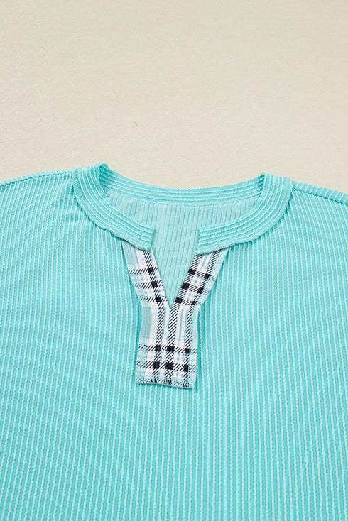 Corded Plaid Patchwork Twist Front Long Sleeve Top