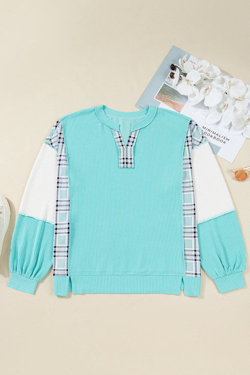 Corded Plaid Patchwork Twist Front Long Sleeve Top