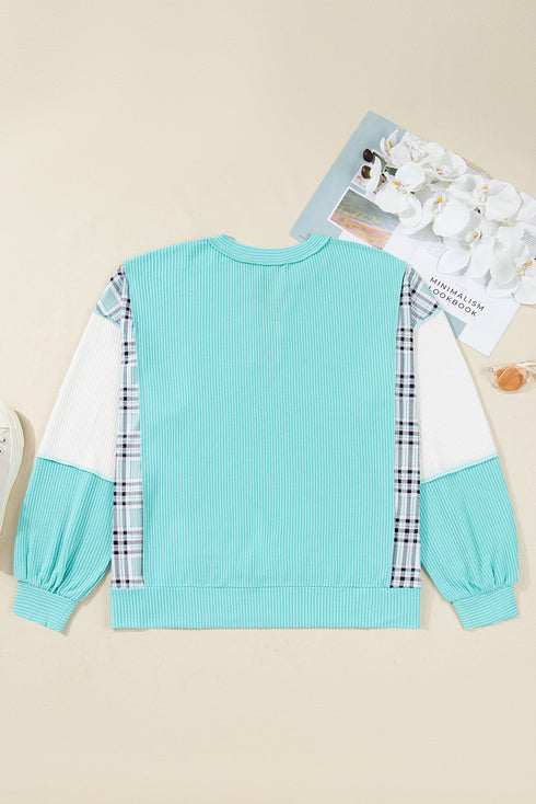 Corded Plaid Patchwork Twist Front Long Sleeve Top