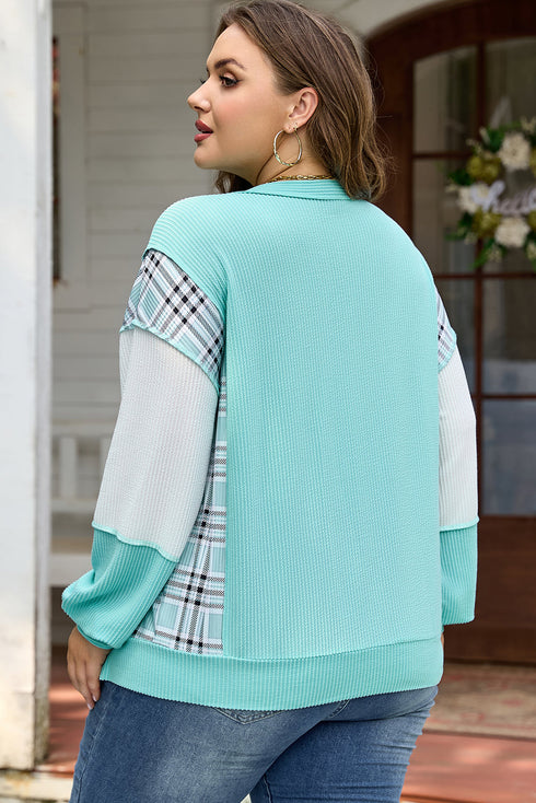 Corded Plaid Patchwork Twist Front Long Sleeve Top