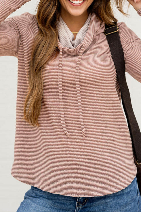 Corded Rib Drawstring Cowl Neck Curved Hem Long Sleeve Knit Top