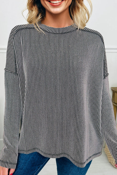 Corded Rib Exposed Seam Drop Shoulder Curved Hem Long Sleeve Top