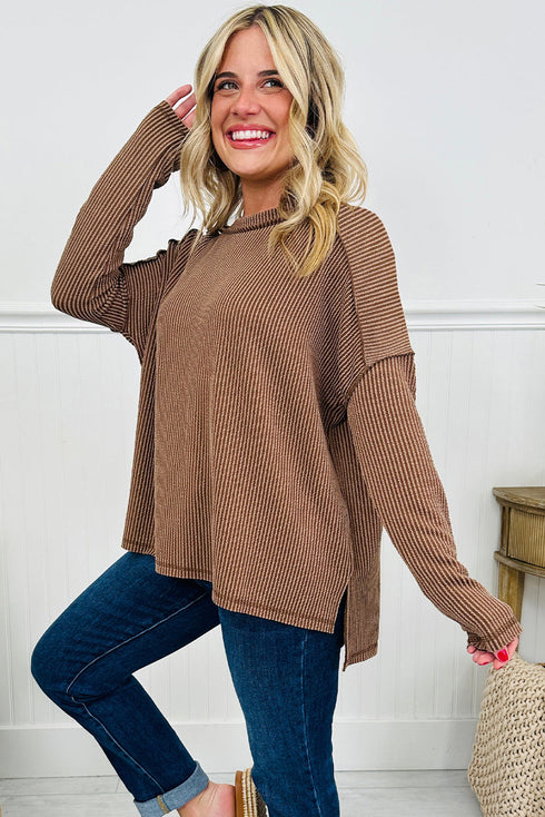 Corded Rib Exposed Seam Drop Shoulder Curved Hem Long Sleeve Top