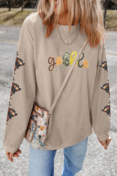 Corded Rib Gobble Sequin Letter Turkey Patched Sleeve Oversized Drop Shoulder Crewneck Sweatshirt