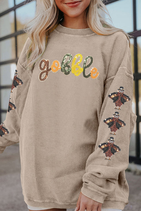 Corded Rib Gobble Sequin Letter Turkey Patched Sleeve Oversized Drop Shoulder Crewneck Sweatshirt