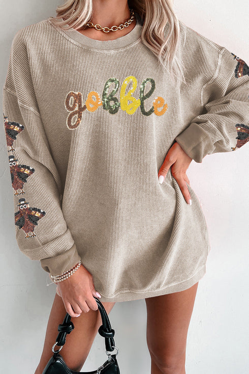 Corded Rib Gobble Sequin Letter Turkey Patched Sleeve Oversized Drop Shoulder Crewneck Sweatshirt
