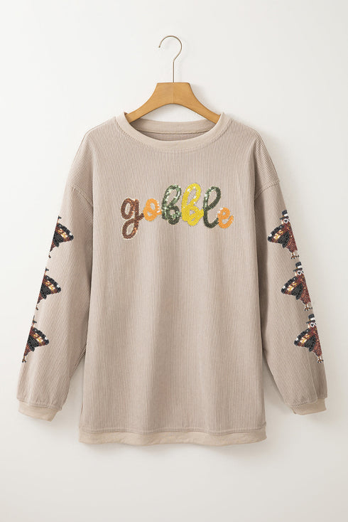 Corded Rib Gobble Sequin Letter Turkey Patched Sleeve Oversized Drop Shoulder Crewneck Sweatshirt