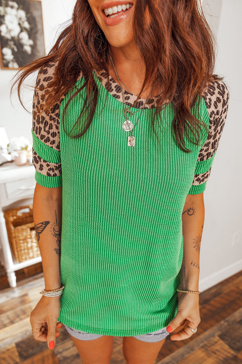 Corded Rib Leopard Patchwork Tunic Tee