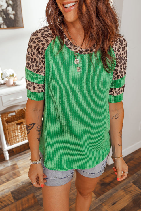 Corded Rib Leopard Patchwork Tunic Tee