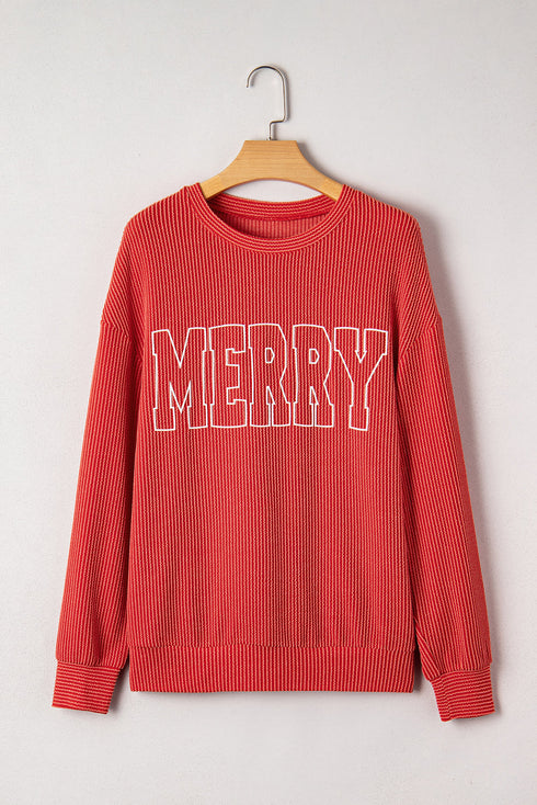 Corded Rib Outline MERRY Letter Drop Shoulder Crewneck Long Sleeve Top