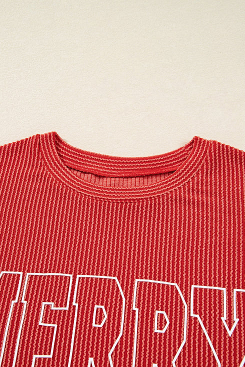 Corded Rib Outline MERRY Letter Drop Shoulder Crewneck Long Sleeve Top