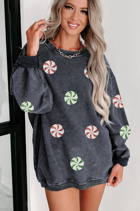 Corded Rib Peppermint Sequin Dot Drop Shoulder Oversized Crewneck Sweatshirt