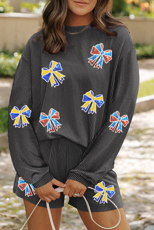 Corded Rib Sequin Bow Long Sleeve Graphic Matching Set