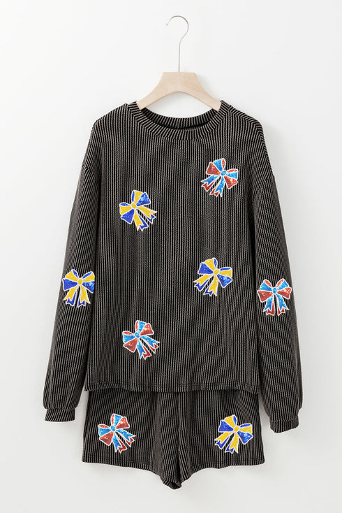 Corded Rib Sequin Bow Long Sleeve Graphic Matching Set