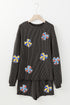 Corded Rib Sequin Bow Long Sleeve Graphic Matching Set