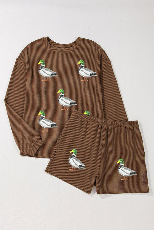 Corded Rib Sequin Mallard Graphic Drop Shoulder Long Sleeve Top And Drawstring Shorts Set
