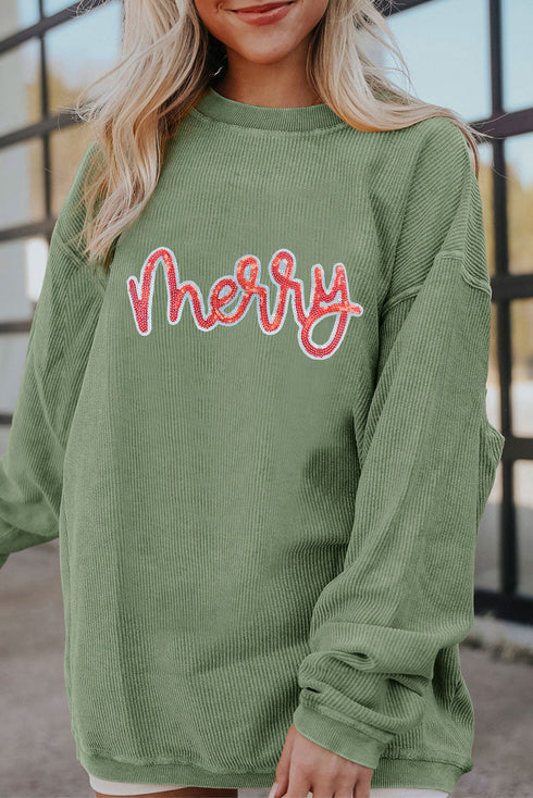 Corded Rib Sequin Merry Letter Drop Shoulder Oversized Pullover Sweatshirt