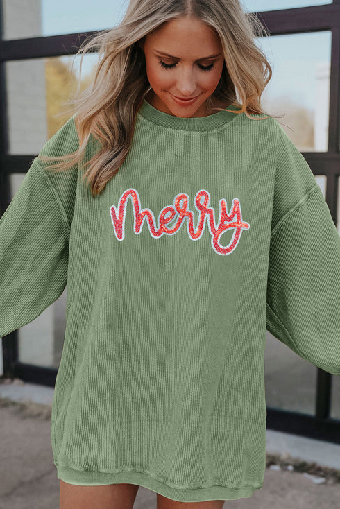 Corded Rib Sequin Merry Letter Drop Shoulder Oversized Pullover Sweatshirt