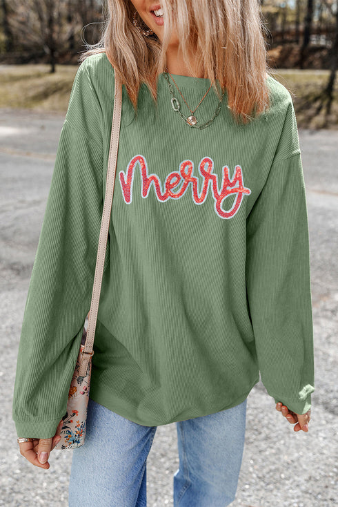 Corded Rib Sequin Merry Letter Drop Shoulder Oversized Pullover Sweatshirt