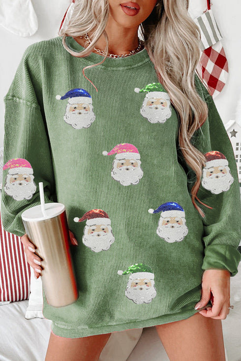 Corded Rib Sequin Santa Patch Oversized Crewneck Sweatshirt