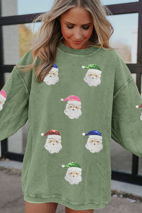 Corded Rib Sequin Santa Patch Oversized Crewneck Sweatshirt