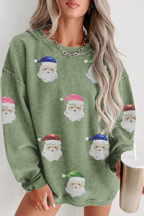 Corded Rib Sequin Santa Patch Oversized Crewneck Sweatshirt