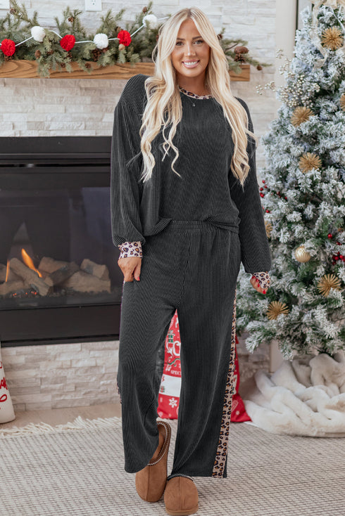 Corded Rib Texture Leopard Patchwork Wide Leg Pant Set