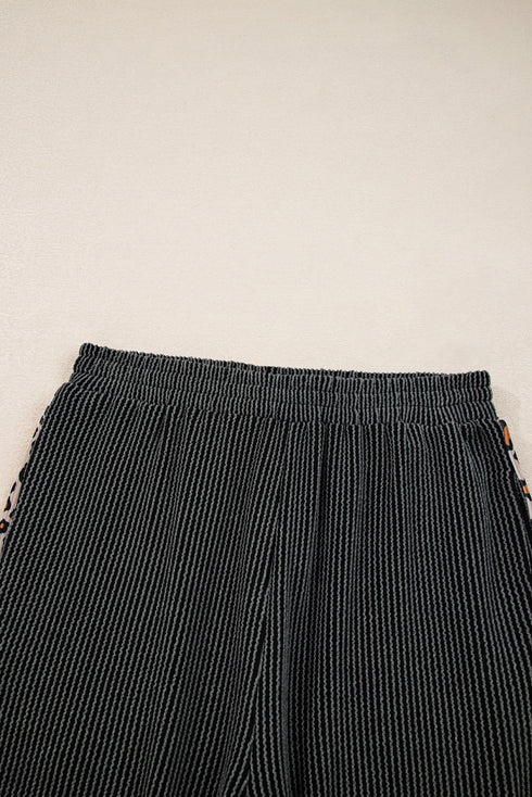 Corded Rib Texture Leopard Patchwork Wide Leg Pant Set