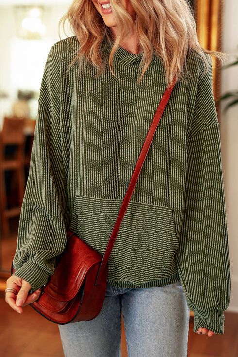 Corded Rib Textured Kangaroo Pocket Long Sleeve Hoodie