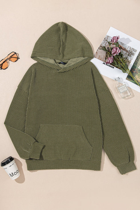 Corded Rib Textured Kangaroo Pocket Long Sleeve Hoodie