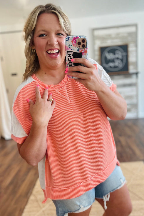 Corded Rib Twist Front High Low Short Sleeve Top