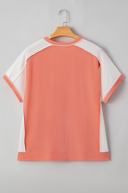 Corded Rib Twist Front High Low Short Sleeve Top