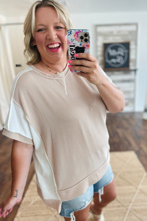 Corded Rib Twist Front High Low Short Sleeve Top