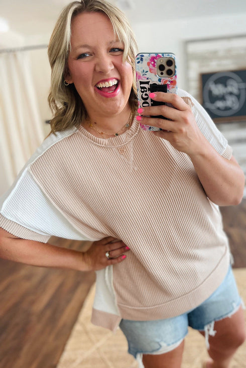 Corded Rib Twist Front High Low Short Sleeve Top