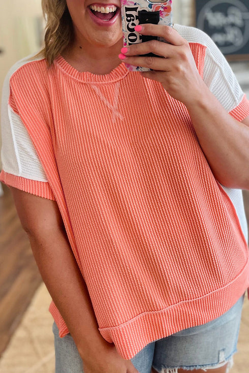 Corded Rib Twist Front High Low Short Sleeve Top