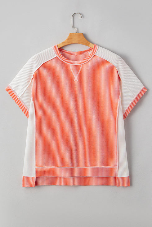 Corded Rib Twist Front High Low Short Sleeve Top