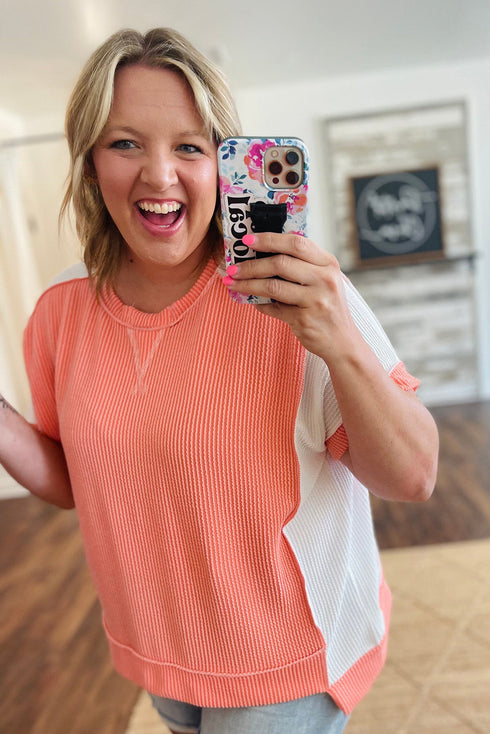 Corded Rib Twist Front High Low Short Sleeve Top