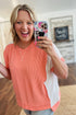 Corded Rib Twist Front High Low Short Sleeve Top