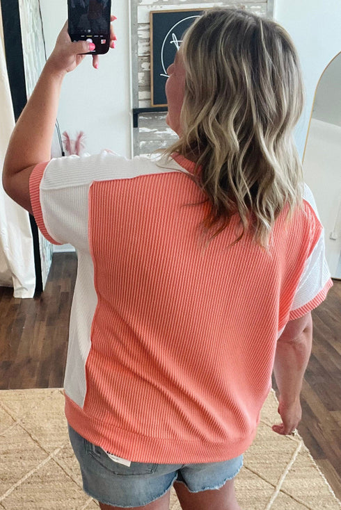 Corded Rib Twist Front High Low Short Sleeve Top