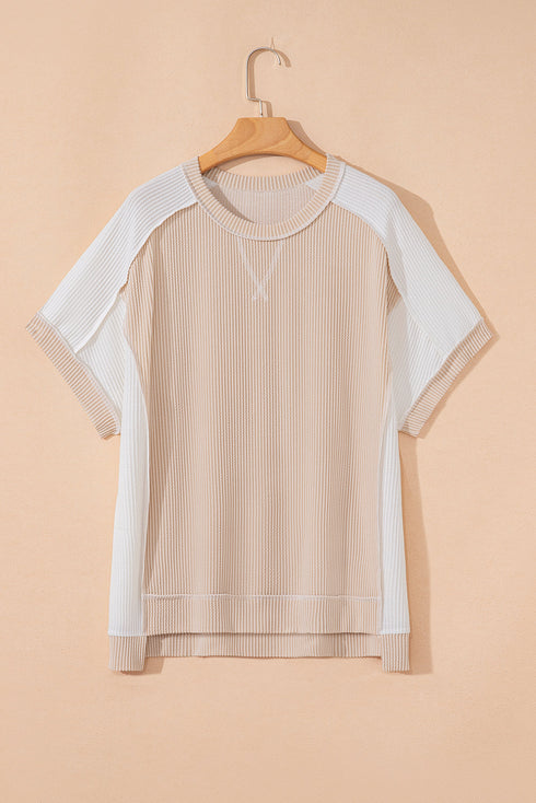 Corded Rib Twist Front High Low Short Sleeve Top