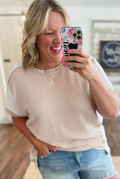 Corded Rib Twist Front High Low Short Sleeve Top