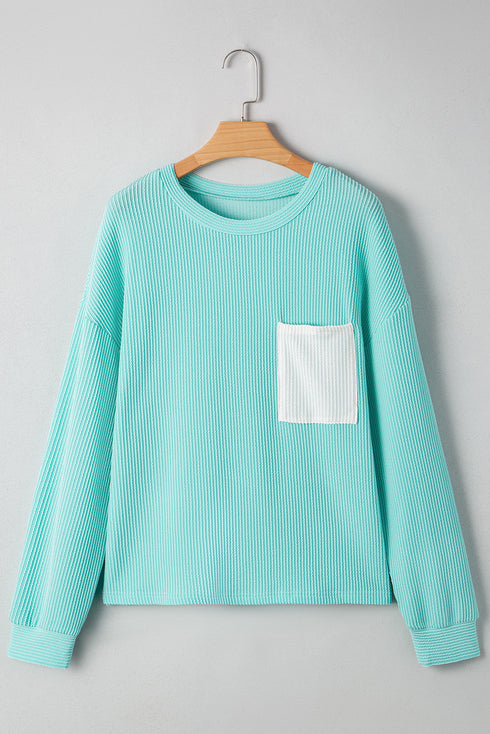 Corded Ribbed Knit Contrast Pocket Long Sleeve Pullover