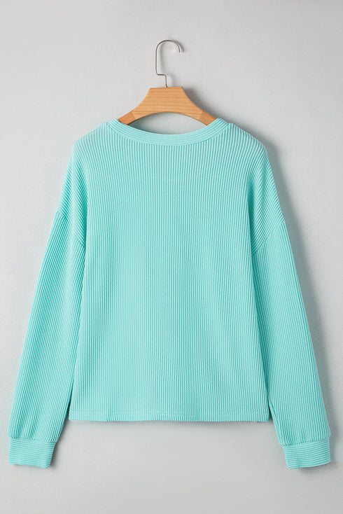 Corded Ribbed Knit Contrast Pocket Long Sleeve Pullover