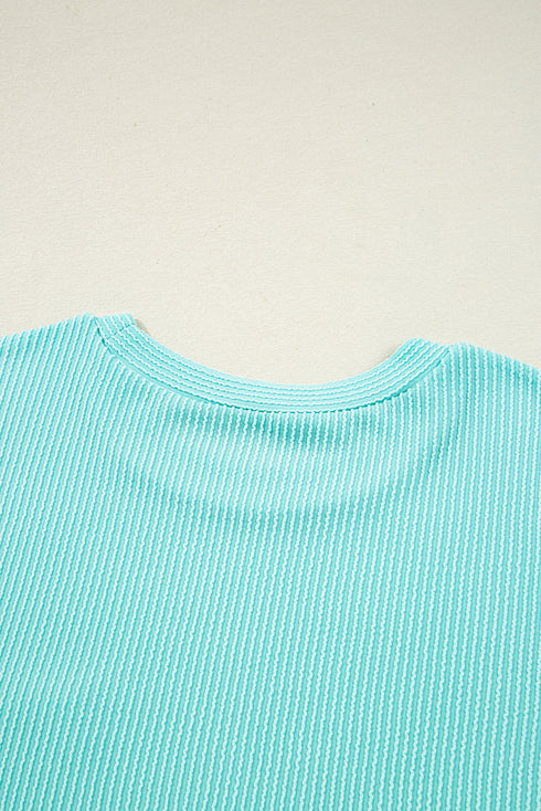 Corded Ribbed Knit Contrast Pocket Long Sleeve Pullover