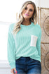 Corded Ribbed Knit Contrast Pocket Long Sleeve Pullover