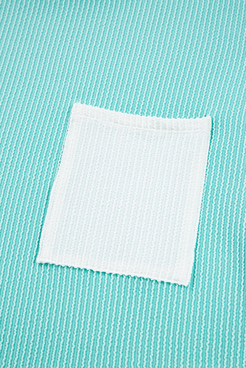 Corded Ribbed Knit Contrast Pocket Long Sleeve Pullover