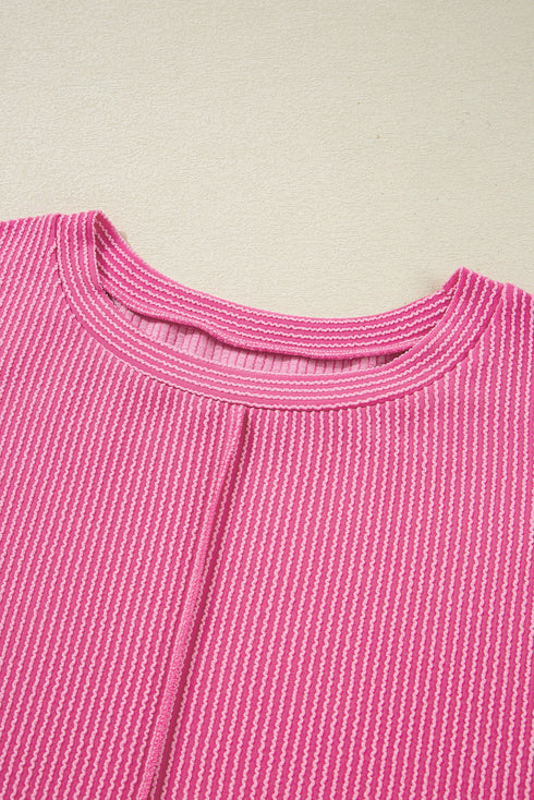 Corded Ribbed Knit Exposed Seam Long Sleeve Pullover Top