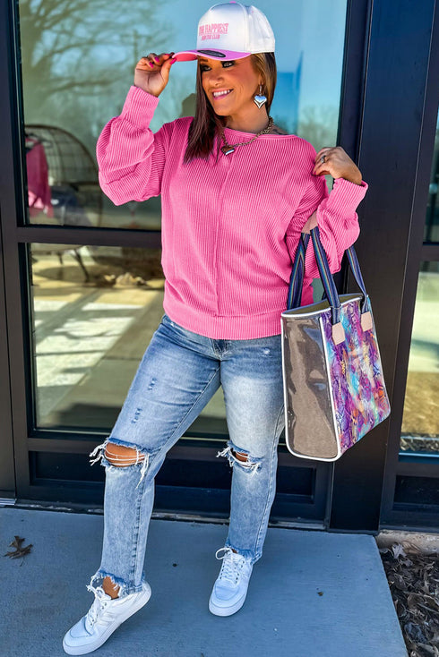 Corded Ribbed Knit Exposed Seam Long Sleeve Pullover Top