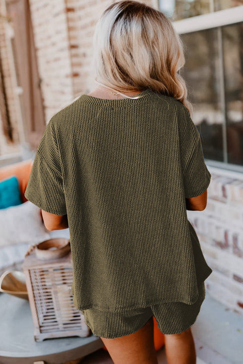Corded Ribbed Knit Loose Fit Tee And Short Set